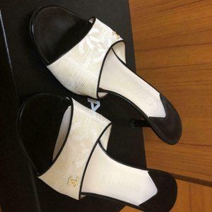 Auth CHANEL CC Travel Line Canvas Mules Sandals